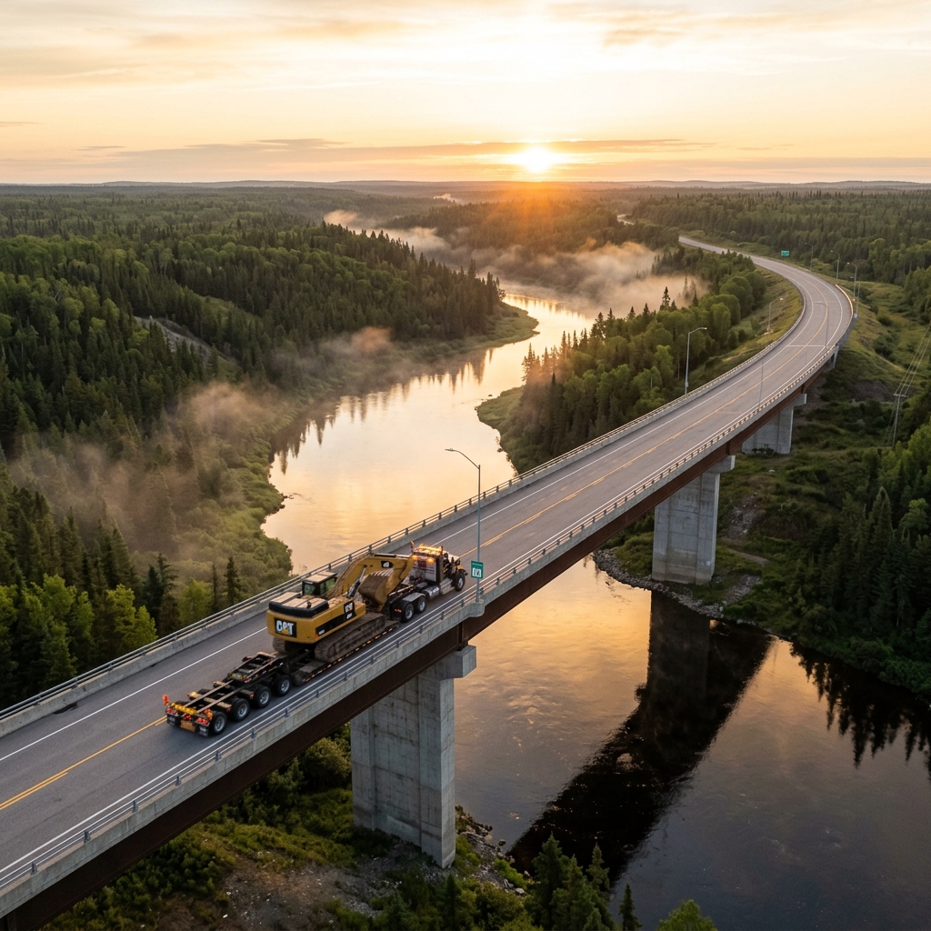 Aerial view of lowboy truck crossing Ontario bridge at dawn
