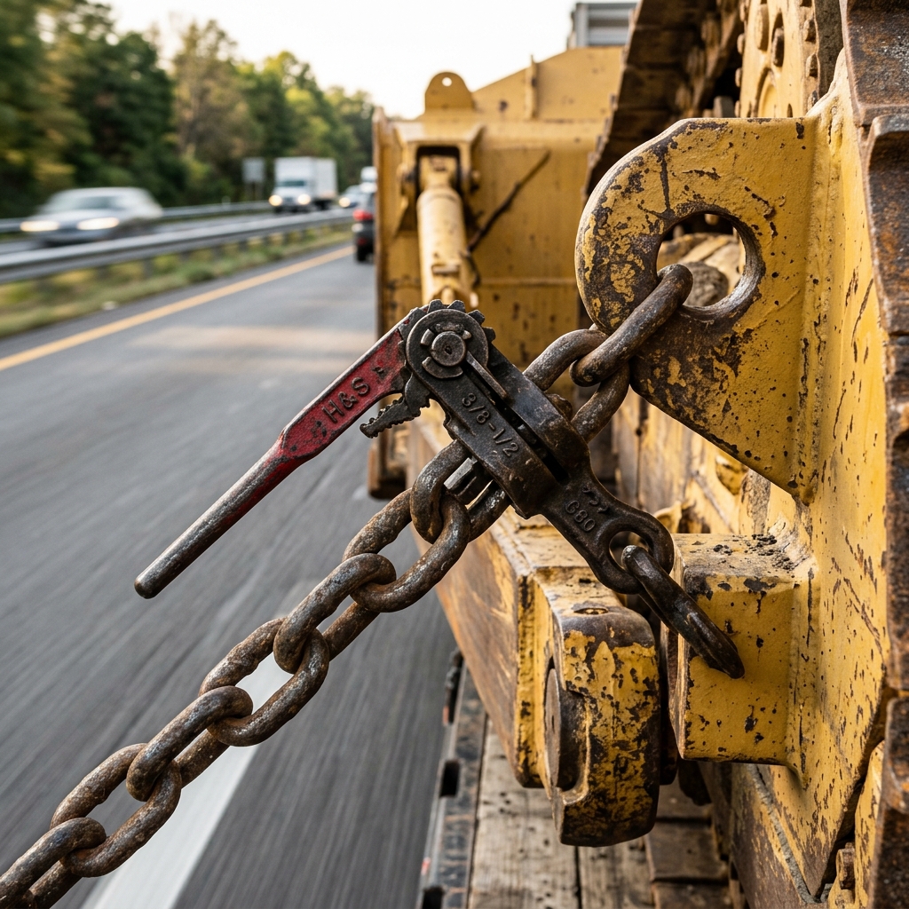Industrial chain securing heavy equipment on trailer