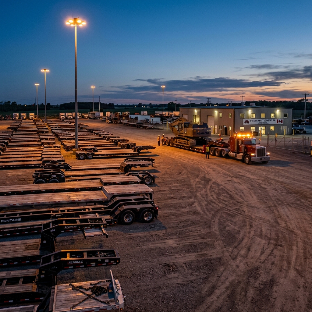 Equipment yard at dusk with fleet of trailers