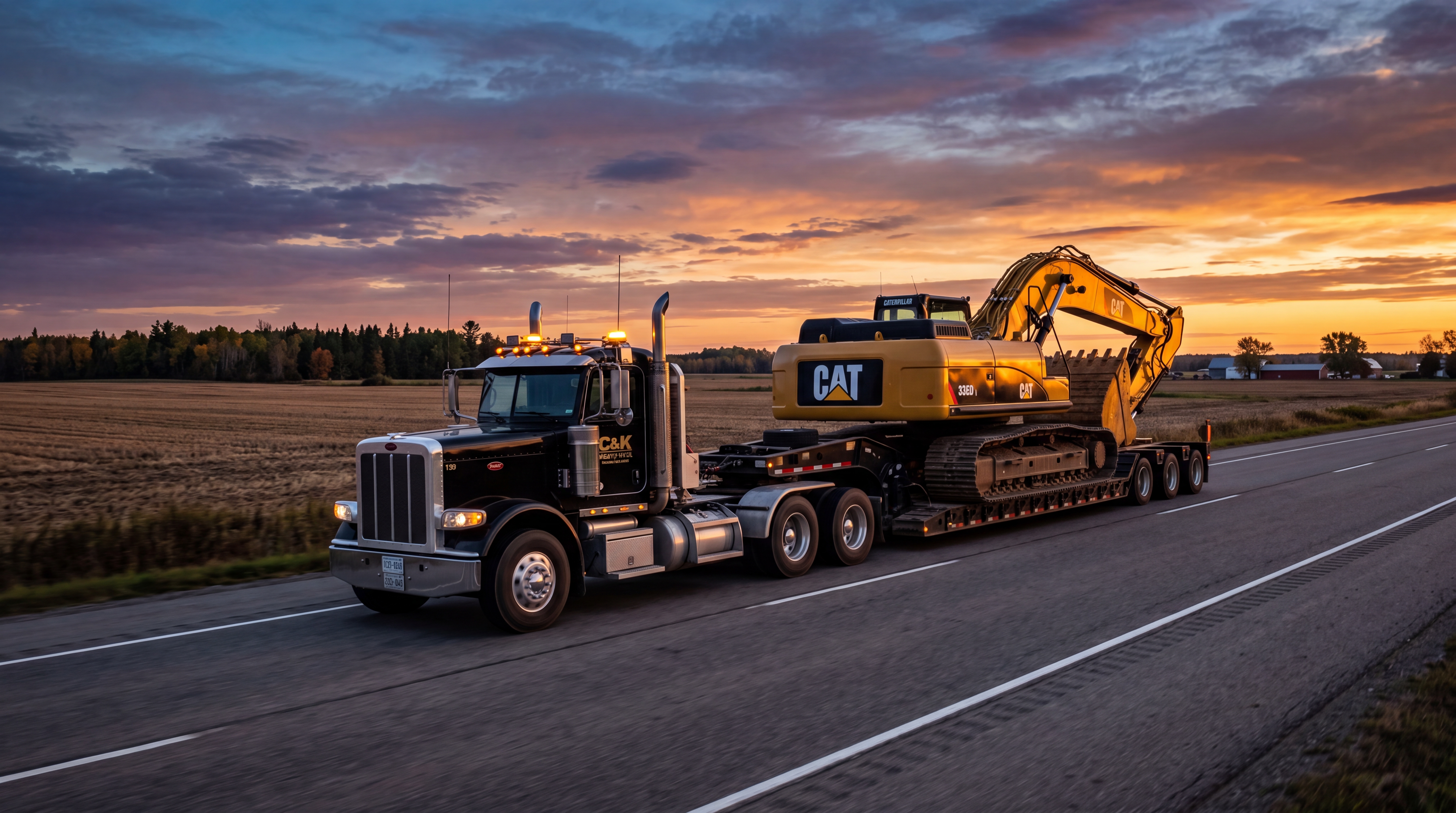 Ontario Logix lowboy truck transporting excavator at dawn on Ontario highway