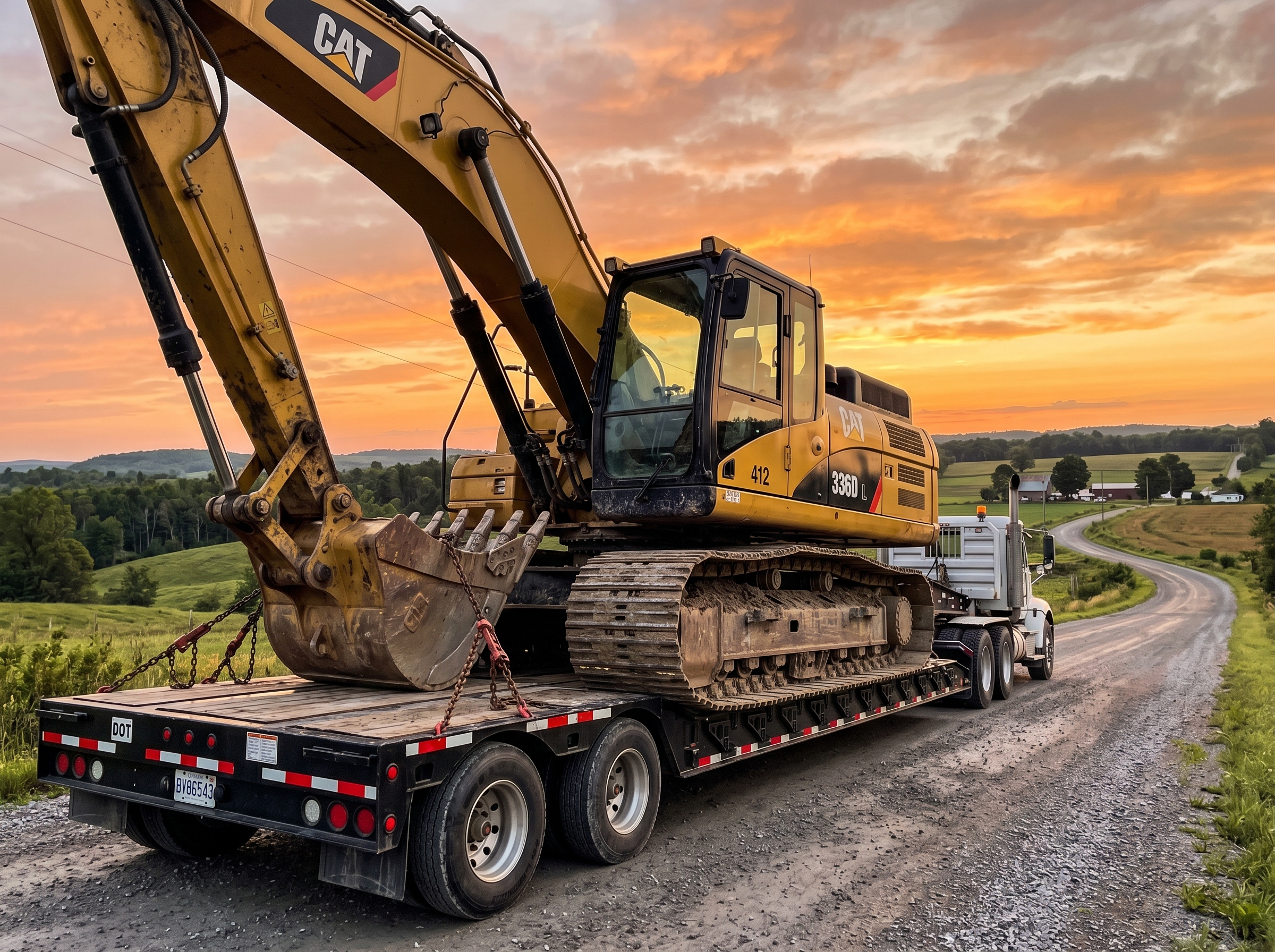 Excavator loaded on lowboy trailer for transport