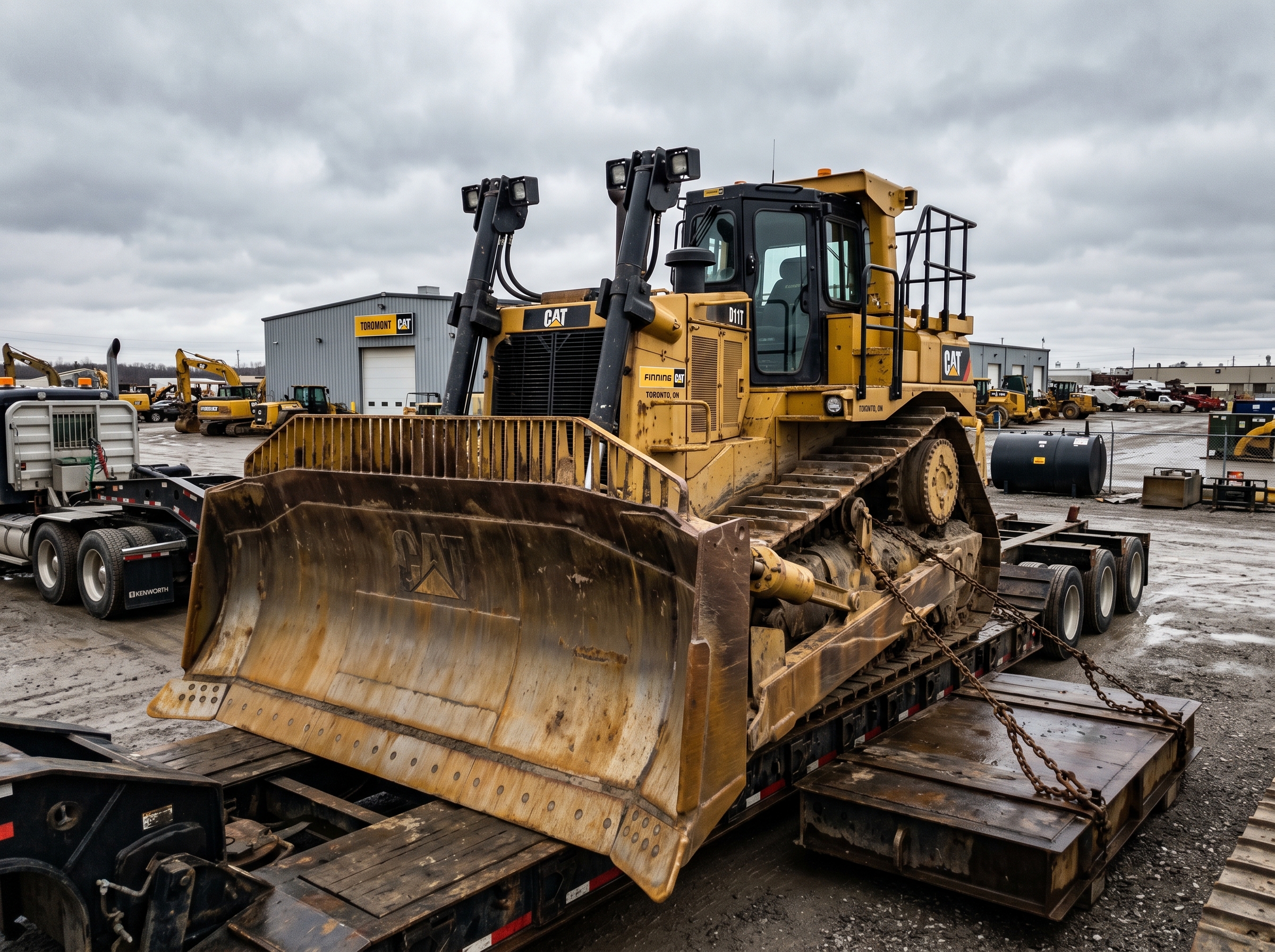 Lowboy trailer transport for tall heavy equipment
